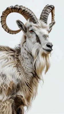 Majestic Markhor Goat Looking Around Against White Background