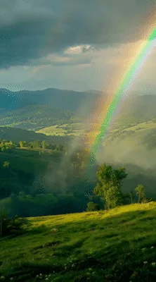 Double Rainbow Over Lush Green Mountain Valley Landscape