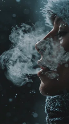 Woman Exhaling Visible Breath In Cold Winter Air