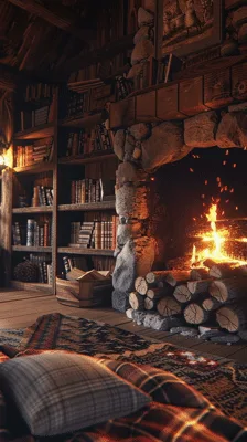 Cozy Cabin Interior With A Crackling Stone Fireplace