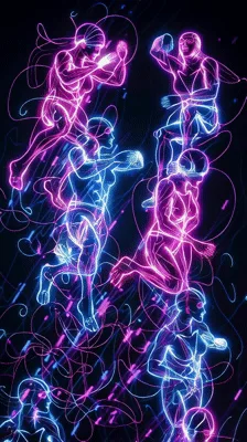 Neon Human Figures Dancing In Abstract Light Trails