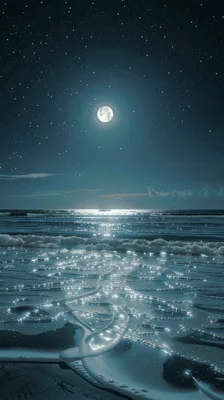 Full Moon Shining Over Calm Night Ocean Waves