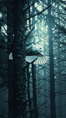 Snowy Owl Flying Through A Dark Misty Forest