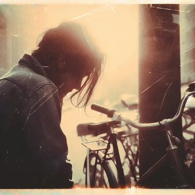 Young Person Leaning Against Bicycle In Vintage Style