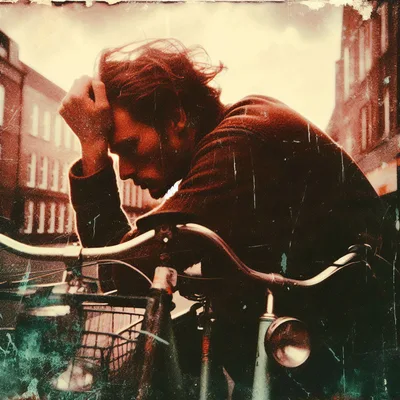 Pensive Man Leaning On Bicycle In Urban Setting