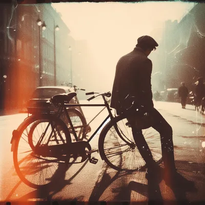 Man Leaning On Vintage Bicycle In Foggy City Street
