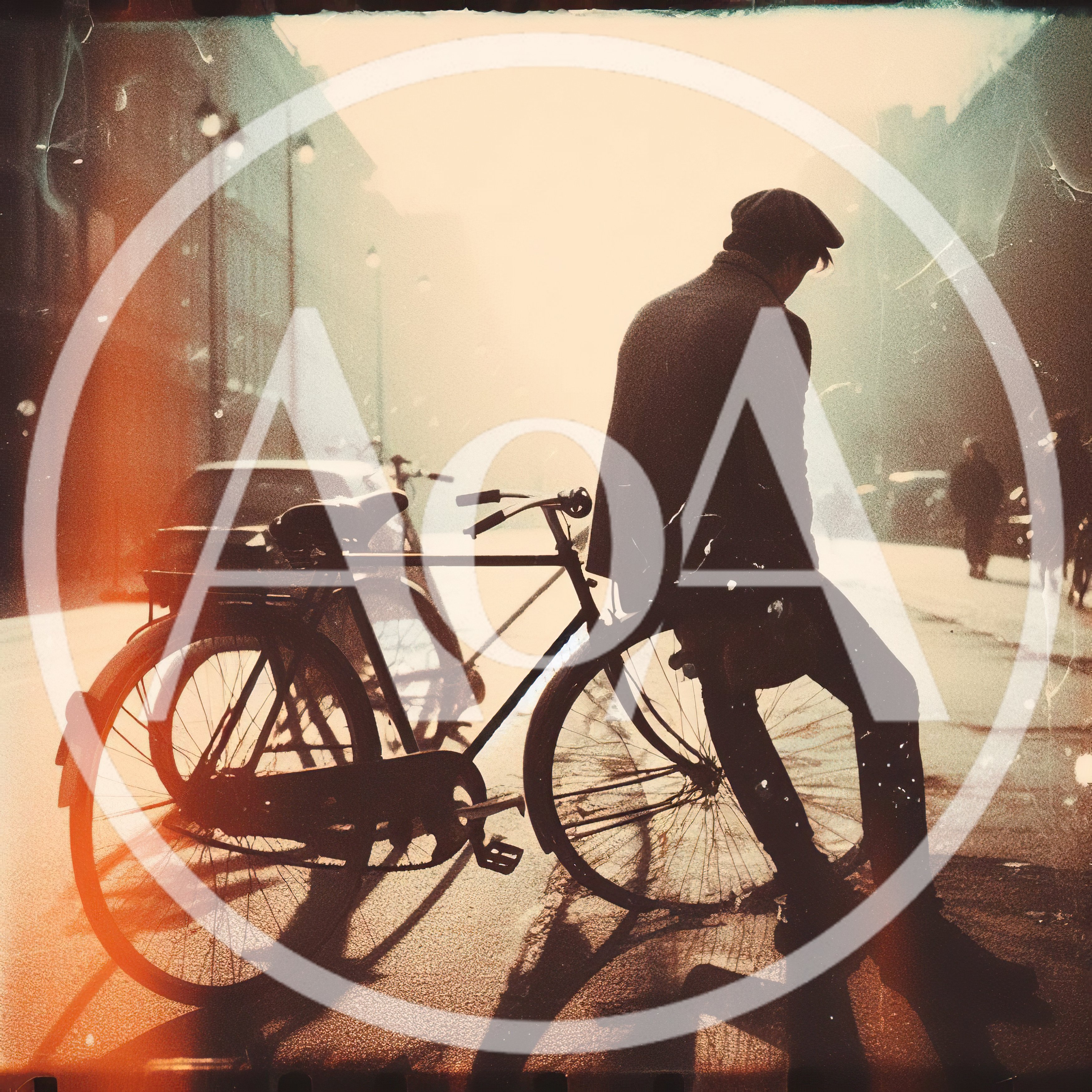 Man Leaning On Vintage Bicycle In Foggy City Street