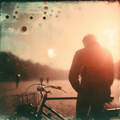 Solitary Man Standing With Bicycle At Sunset
