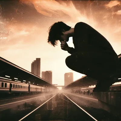 Silhouette Of A Person Crouching At A Train Station