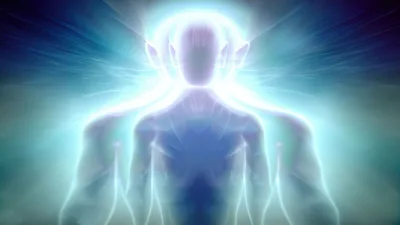 Ethereal Humanoid Figure Radiating Bright Blue Light