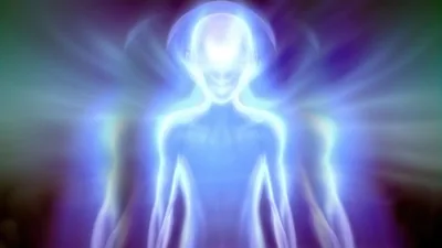 Ethereal Humanoid Figure Radiating Bright Blue Light