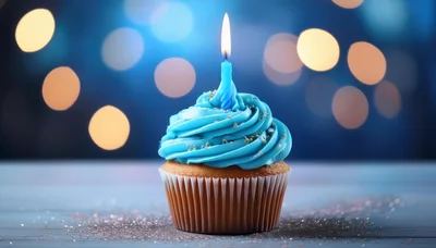 Single Blue Cupcake With Lit Birthday Candle