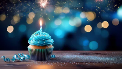 Single Blue Frosted Cupcake With Lit Birthday Candle