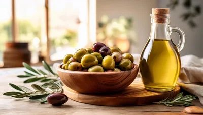 Bowl of Fresh Olives and Olive Oil Bottle