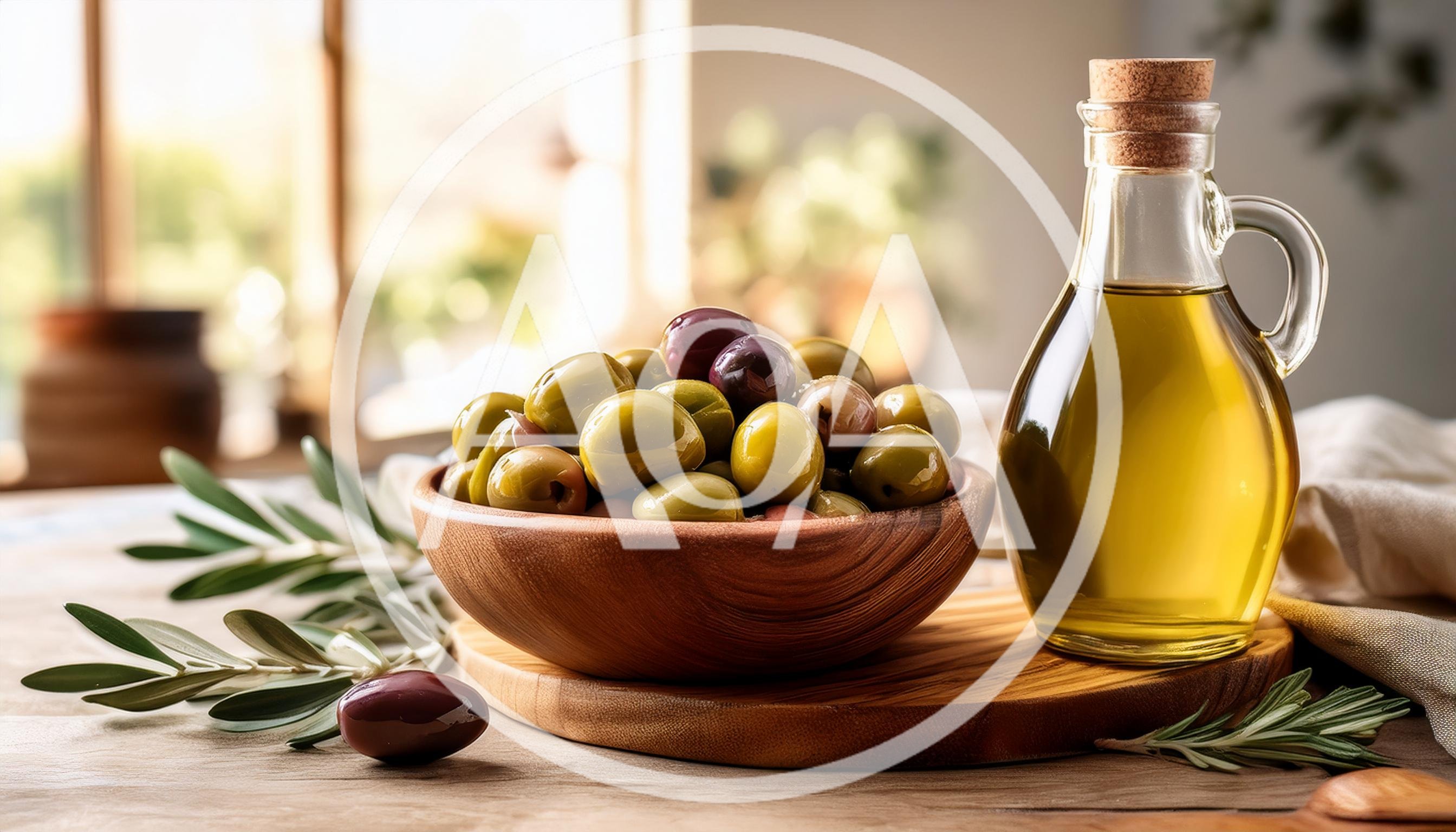 Bowl of Fresh Olives and Olive Oil Bottle