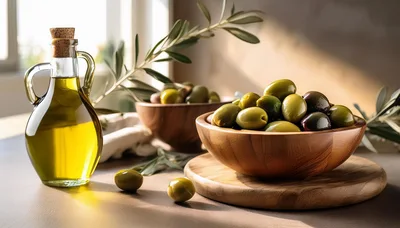 Olive Oil Bottle and Wooden Bowl of Fresh Olives