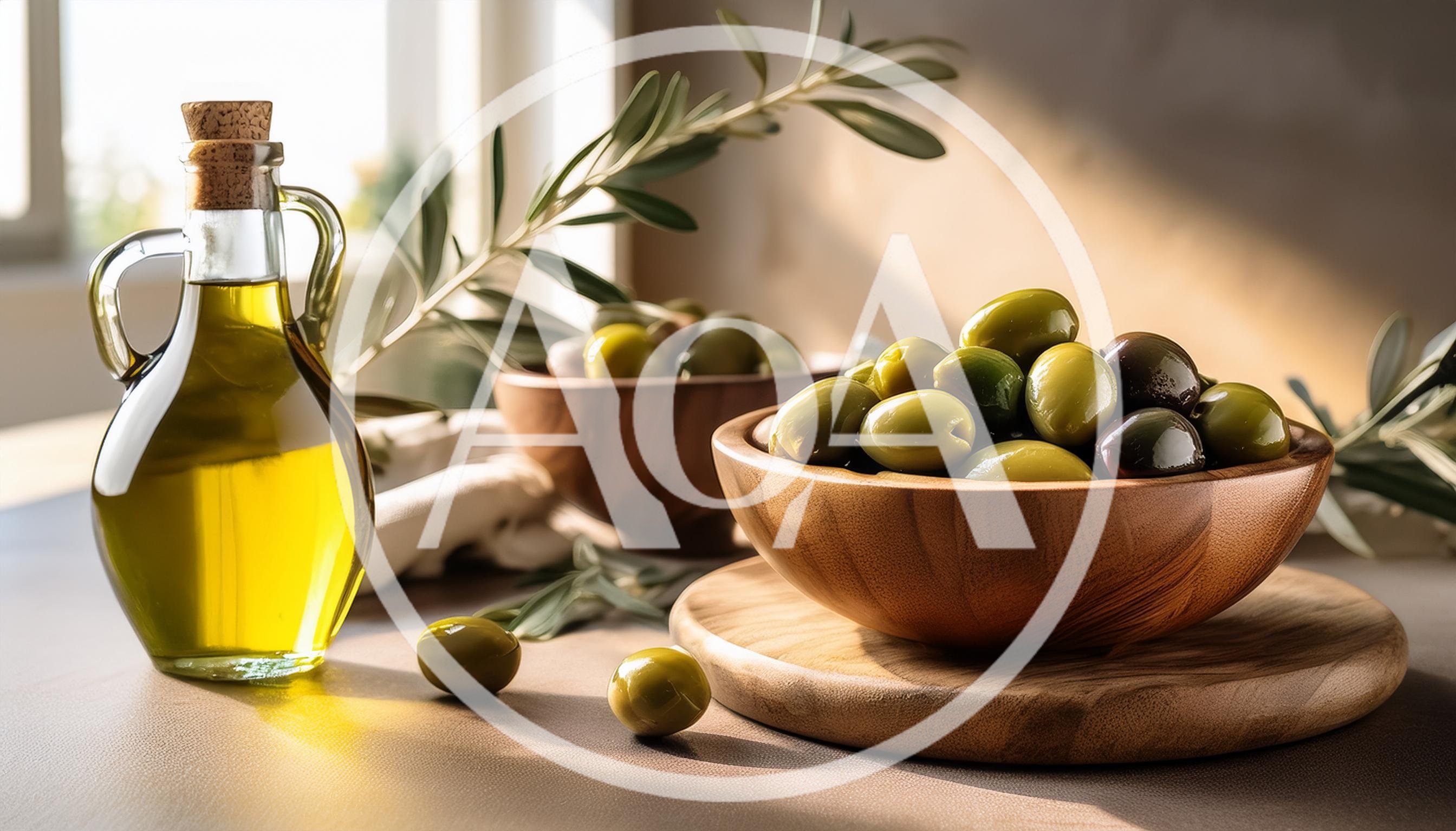 Olive Oil Bottle and Wooden Bowl of Fresh Olives