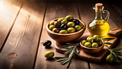 Fresh Olives and Olive Oil on Wooden Table