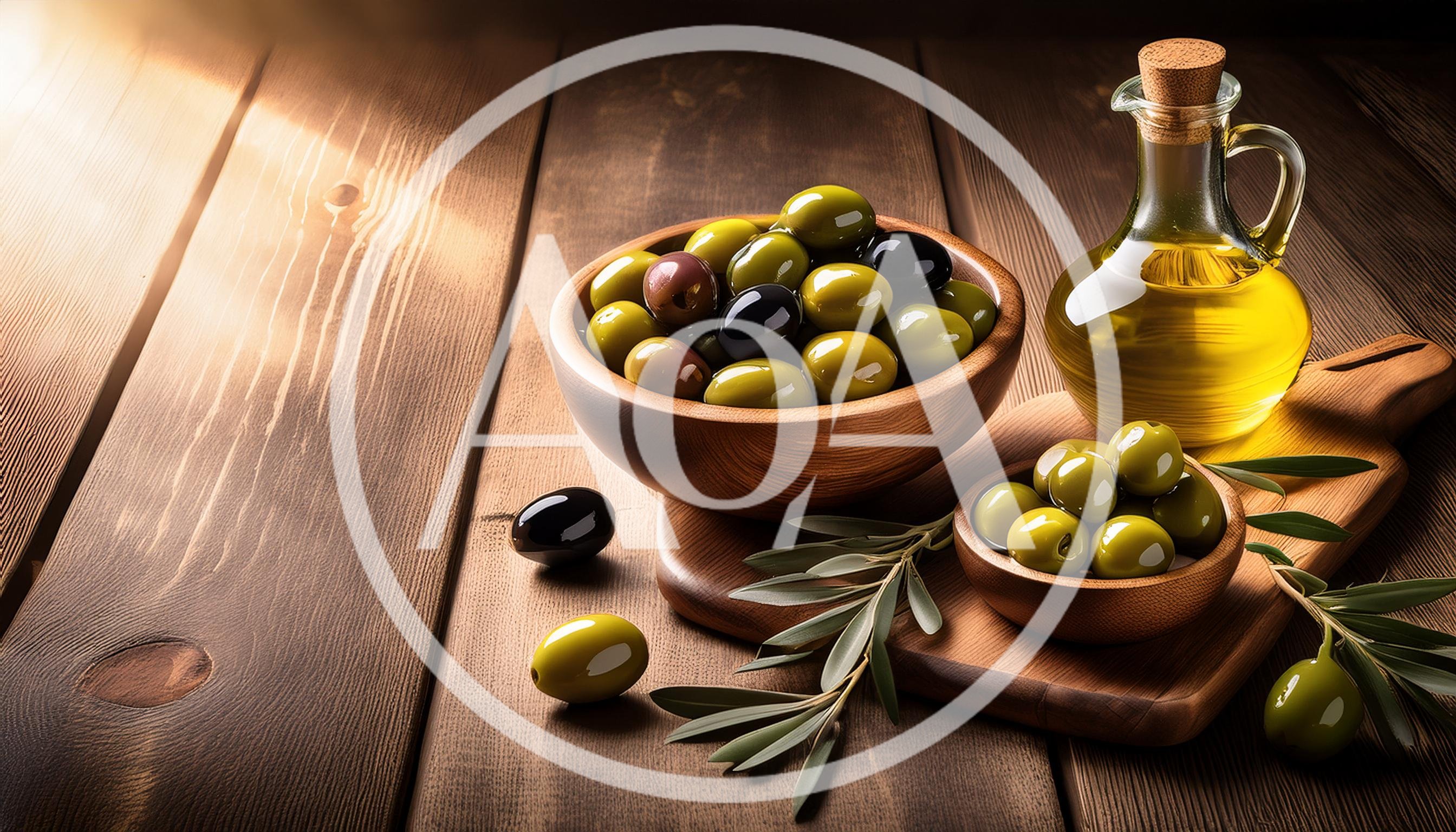 Fresh Olives and Olive Oil on Wooden Table