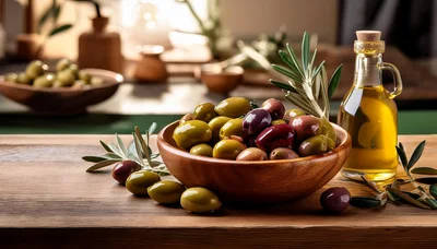 Fresh Olives and Olive Oil on Wooden Table