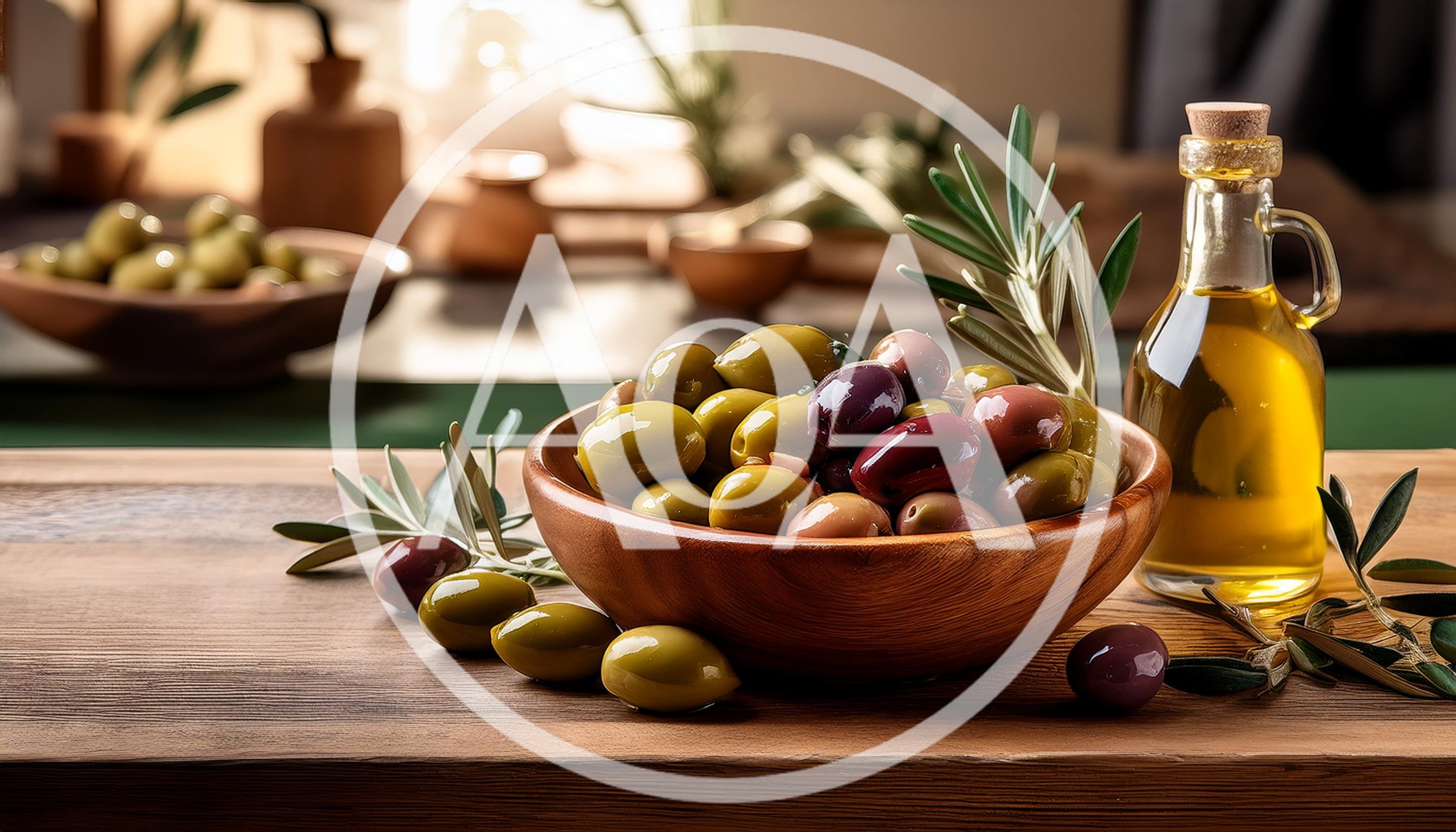 Fresh Olives and Olive Oil on Wooden Table