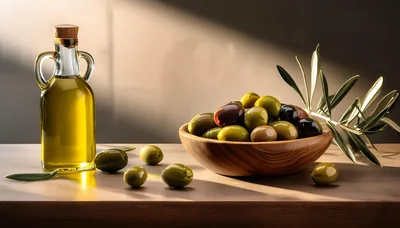 Olive Oil Bottle And Bowl Of Fresh Olives