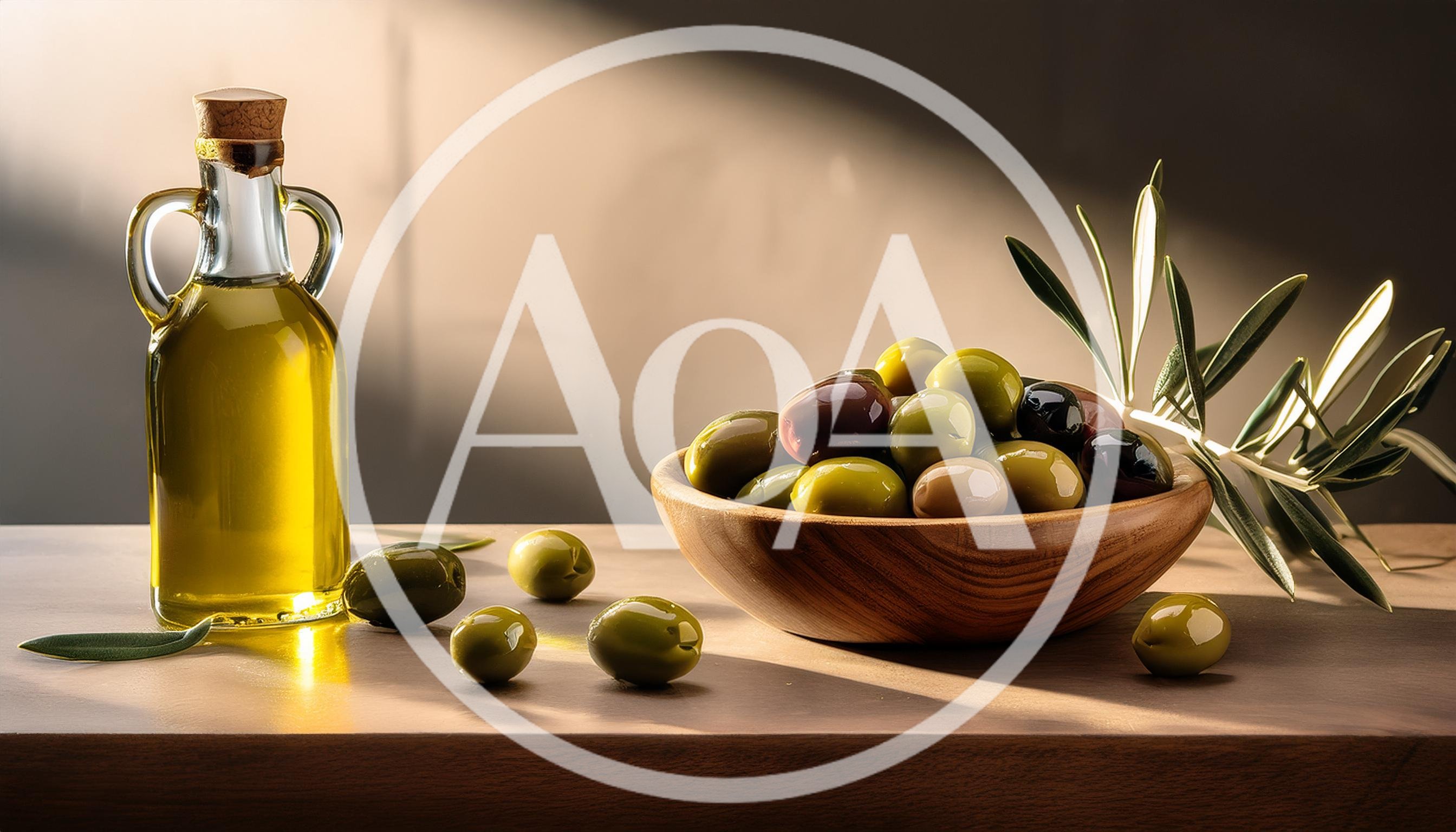 Olive Oil Bottle And Bowl Of Fresh Olives