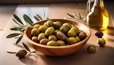 Wooden Bowl Filled With Fresh Green Olives