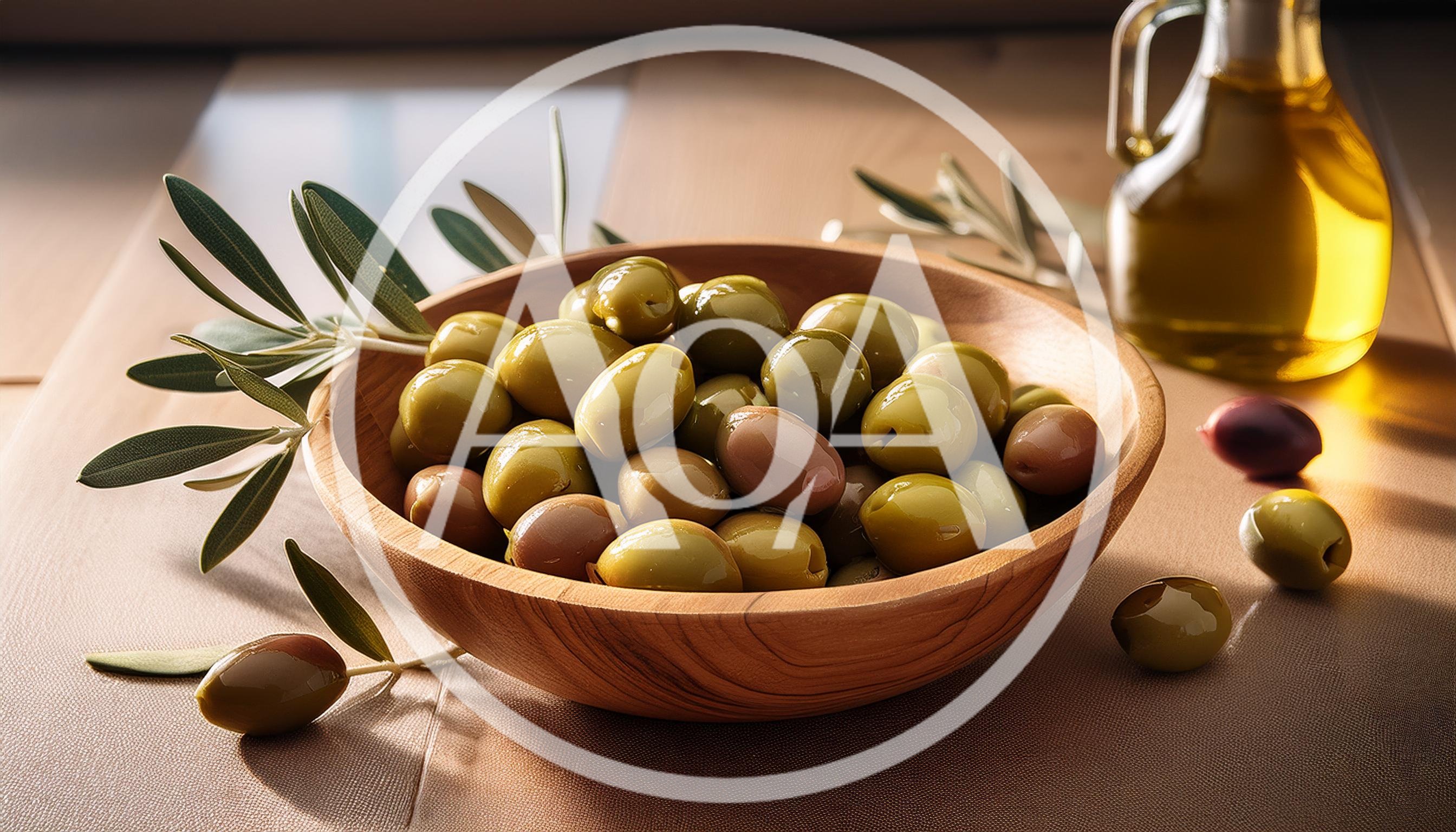 Wooden Bowl Filled With Fresh Green Olives