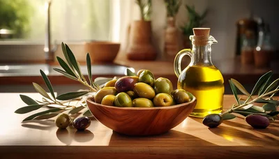 Fresh Olives and Olive Oil in Kitchen