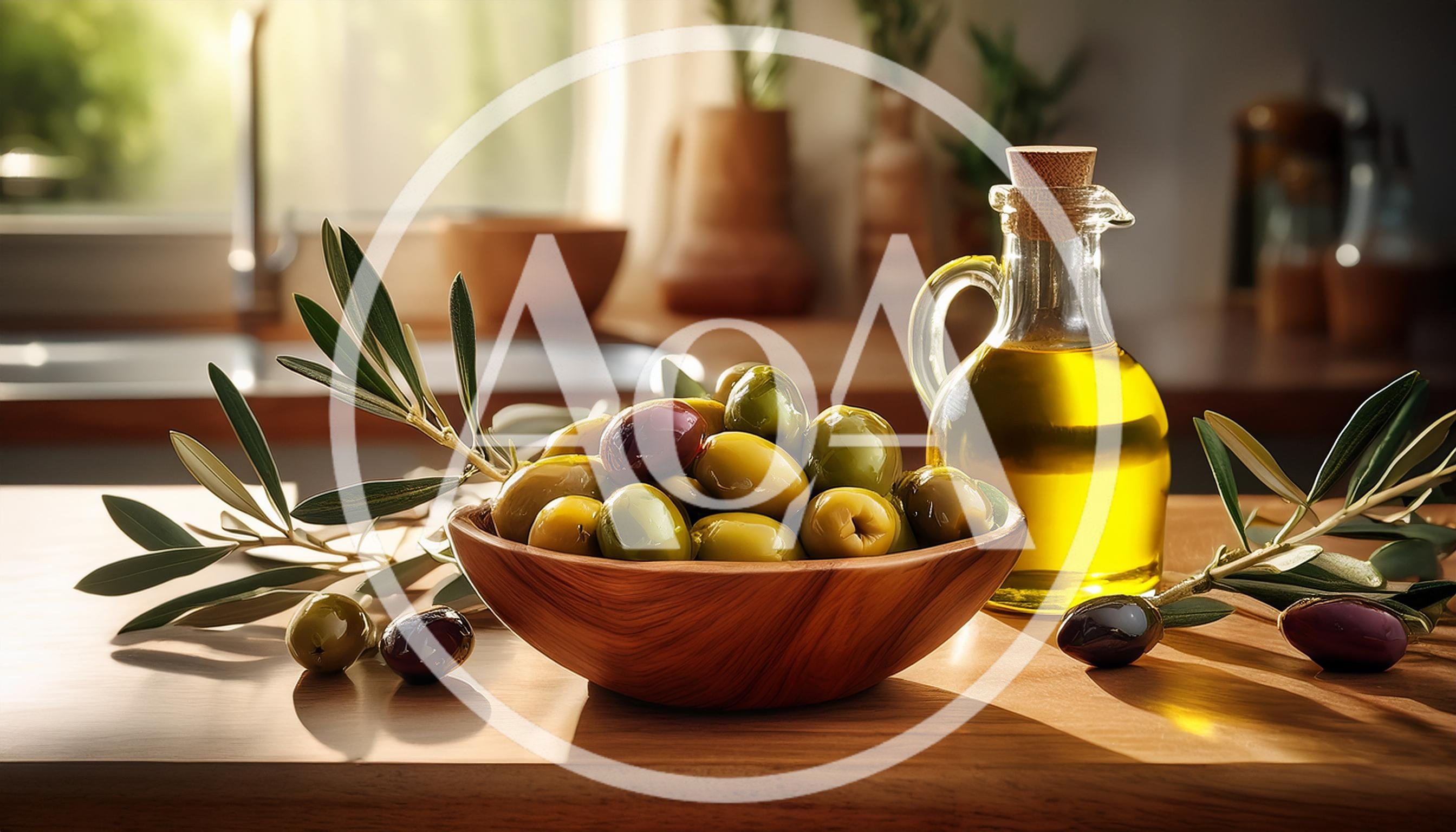 Fresh Olives and Olive Oil in Kitchen