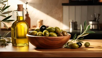 Olive Oil Bottle And Bowl Of Fresh Olives
