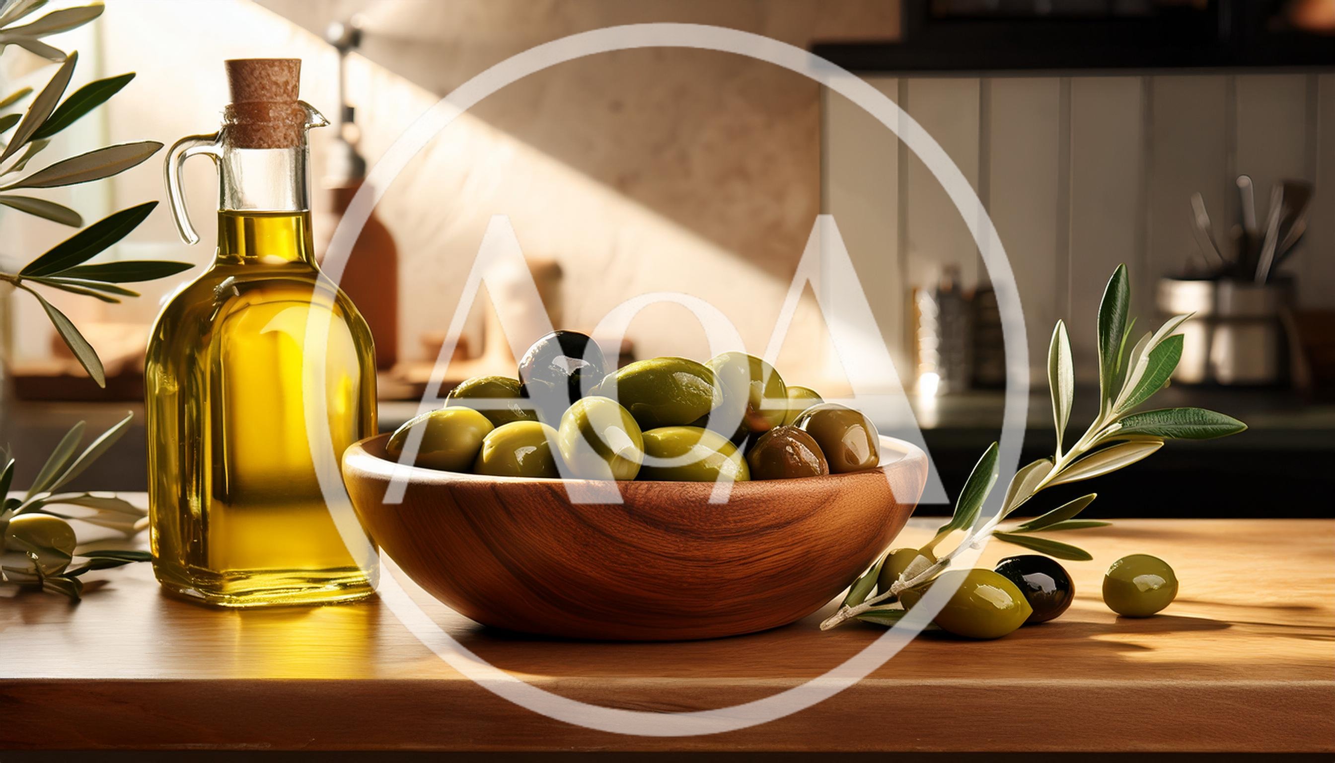 Olive Oil Bottle And Bowl Of Fresh Olives