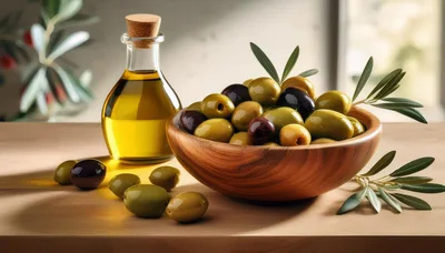 Bowl Of Fresh Olives And Olive Oil Bottle