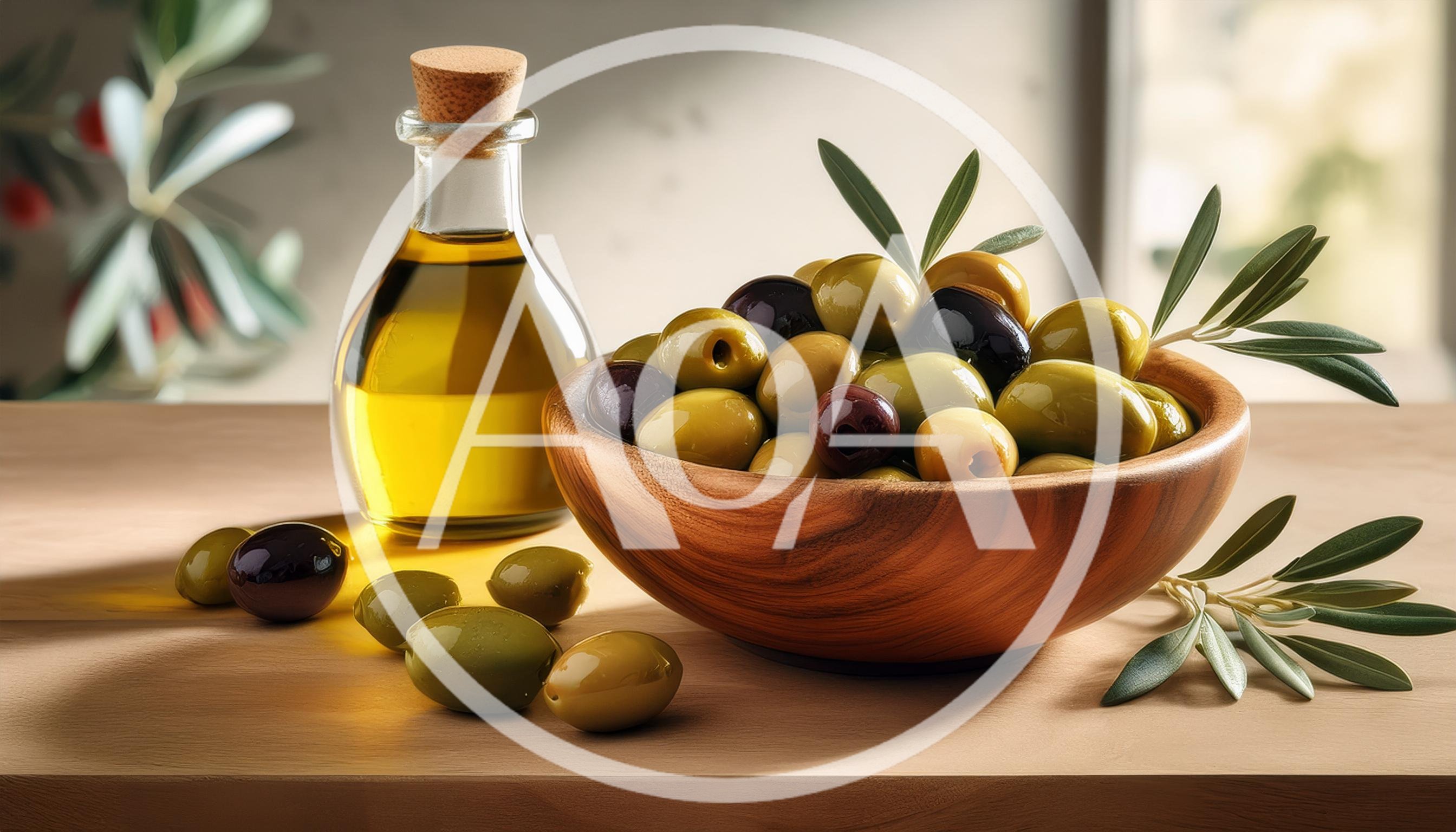 Bowl Of Fresh Olives And Olive Oil Bottle