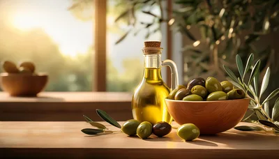 Olive Oil Bottle And Fresh Olives On Wooden Table