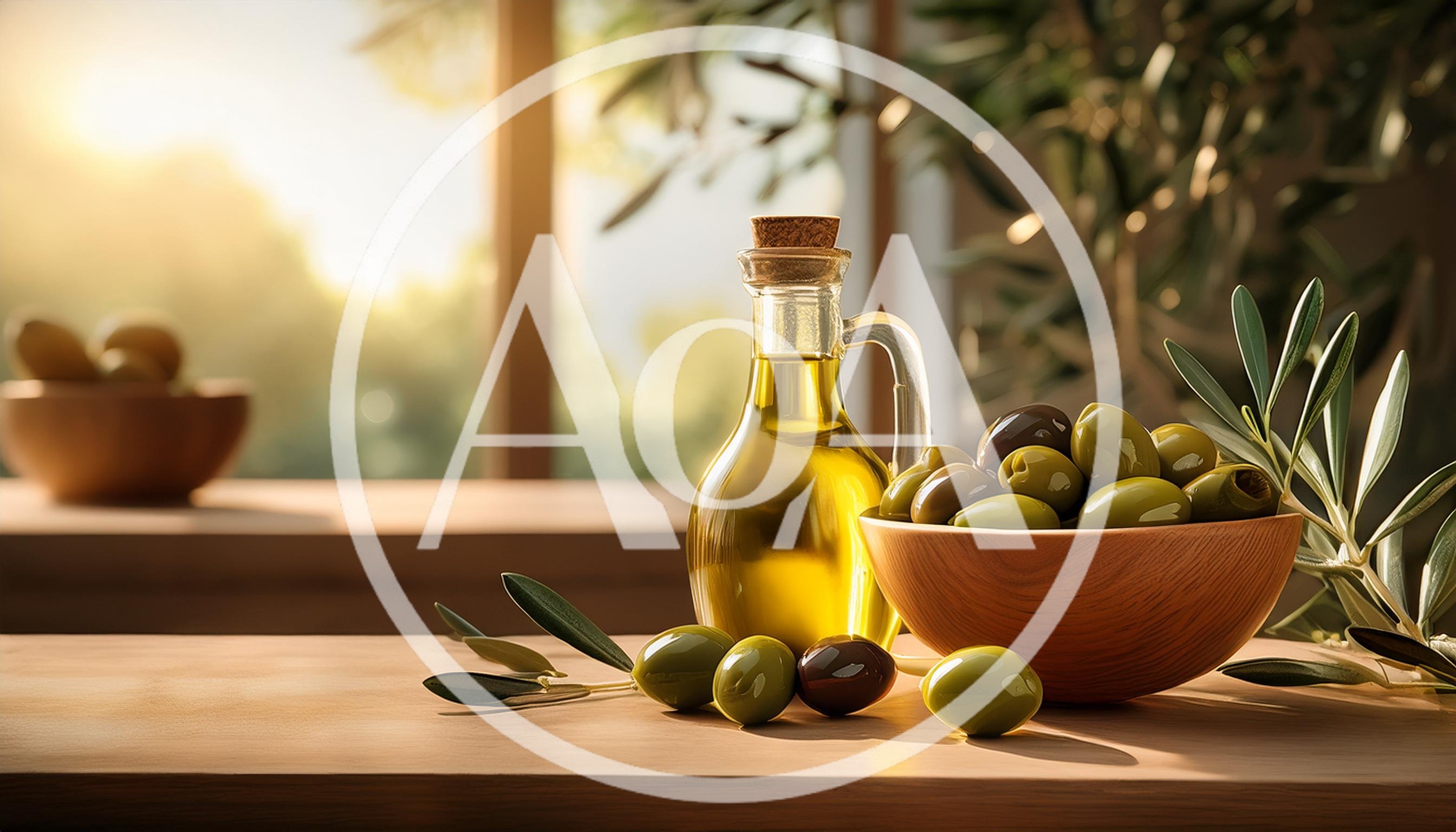 Olive Oil Bottle And Fresh Olives On Wooden Table