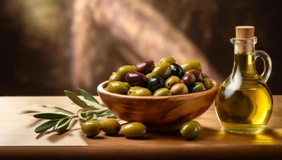 Wooden Bowl Of Mixed Olives And Olive Oil Bottle