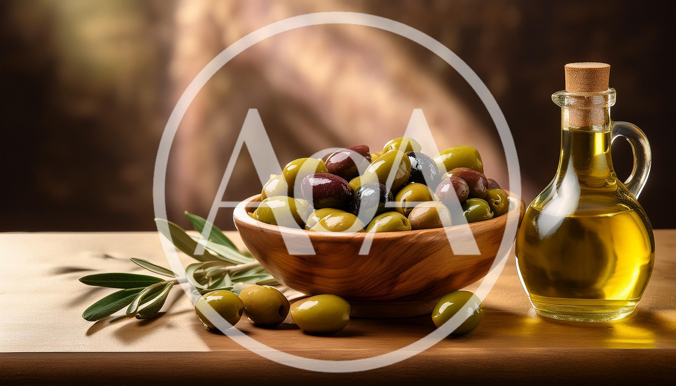 Wooden Bowl Of Mixed Olives And Olive Oil Bottle