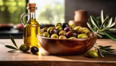 Wooden Bowl Of Mixed Olives With Olive Oil
