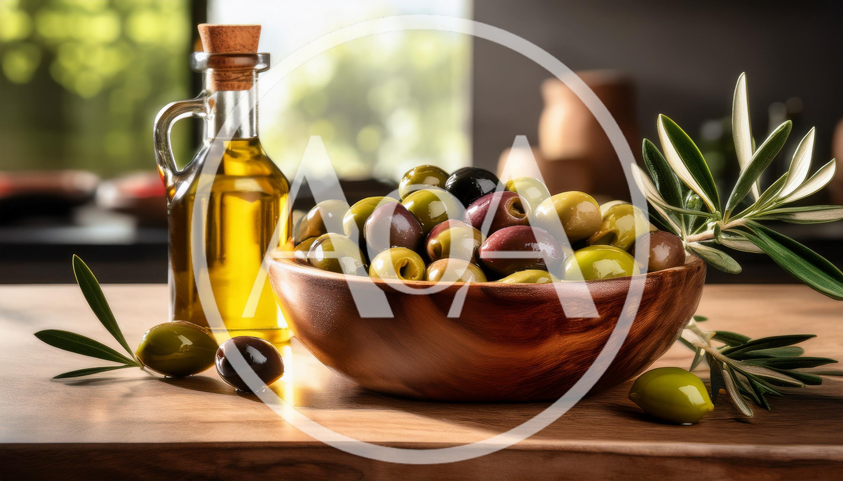Wooden Bowl Of Mixed Olives With Olive Oil