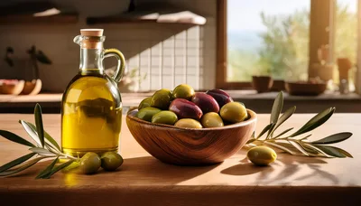 Olive Oil Bottle and Bowl of Fresh Olives