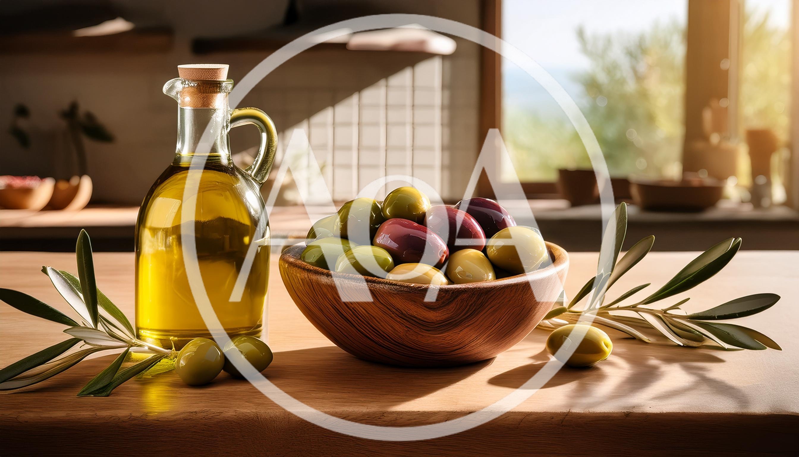 Olive Oil Bottle and Bowl of Fresh Olives