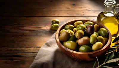 Bowl Of Fresh Green And Black Olives With Olive Oil