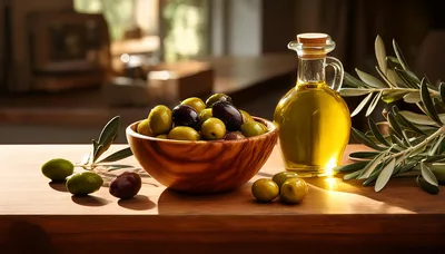 Bowl Of Fresh Olives And Olive Oil Bottle