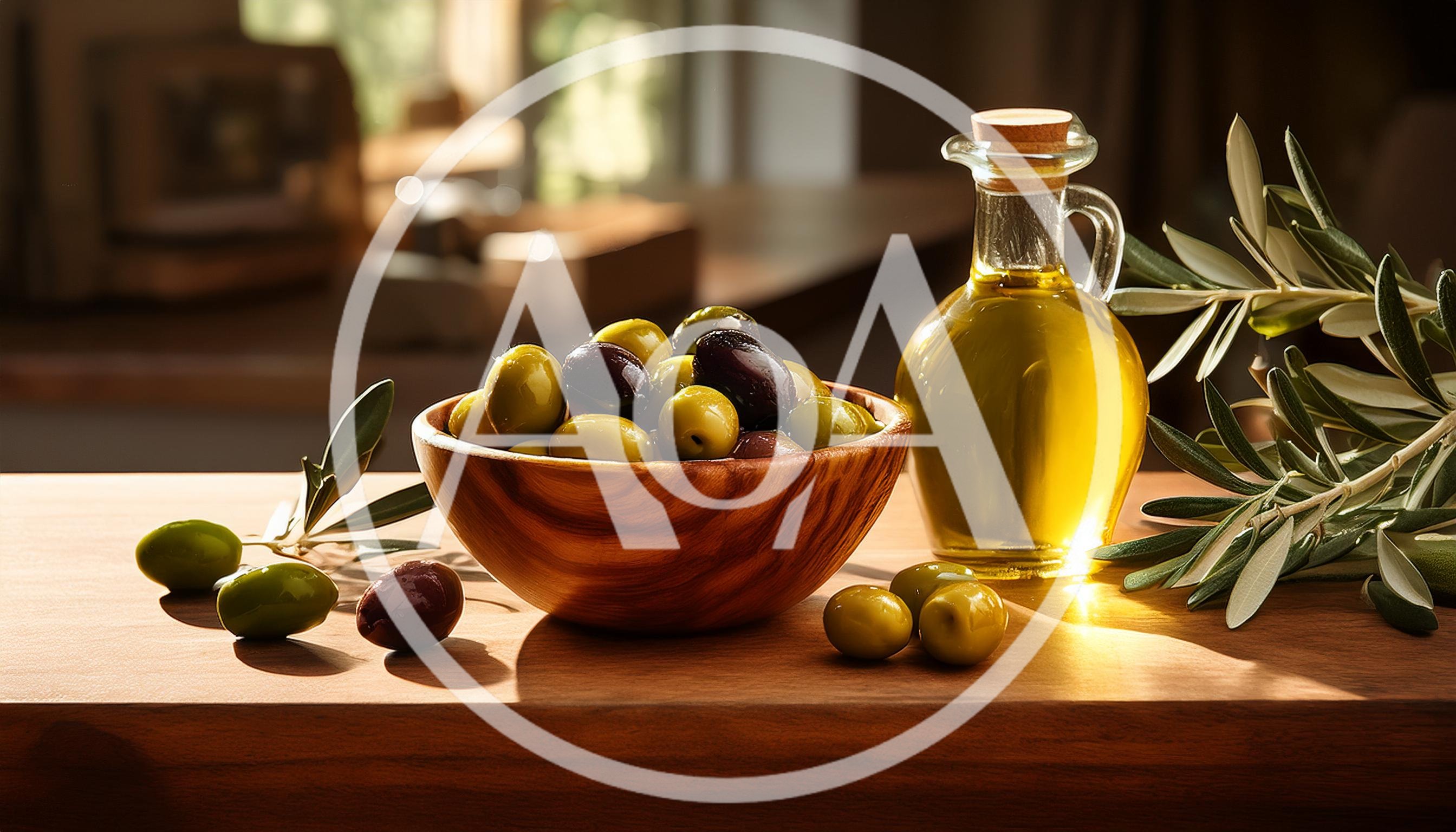 Bowl Of Fresh Olives And Olive Oil Bottle