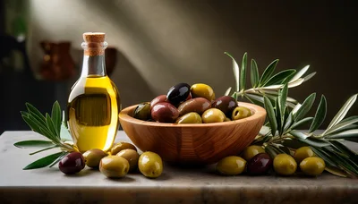 Olive Oil Bottle And Bowl Of Fresh Olives