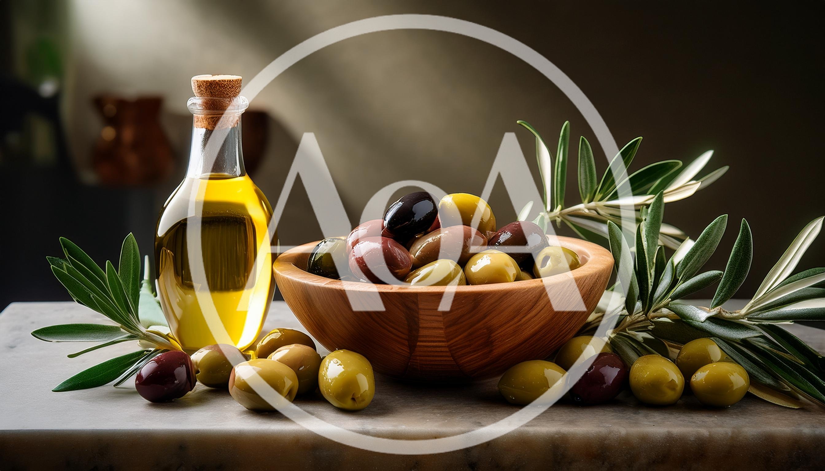 Olive Oil Bottle And Bowl Of Fresh Olives