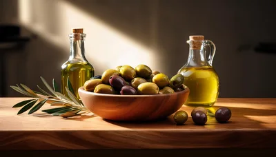 Wooden Bowl Of Fresh Olives With Olive Oil Bottles
