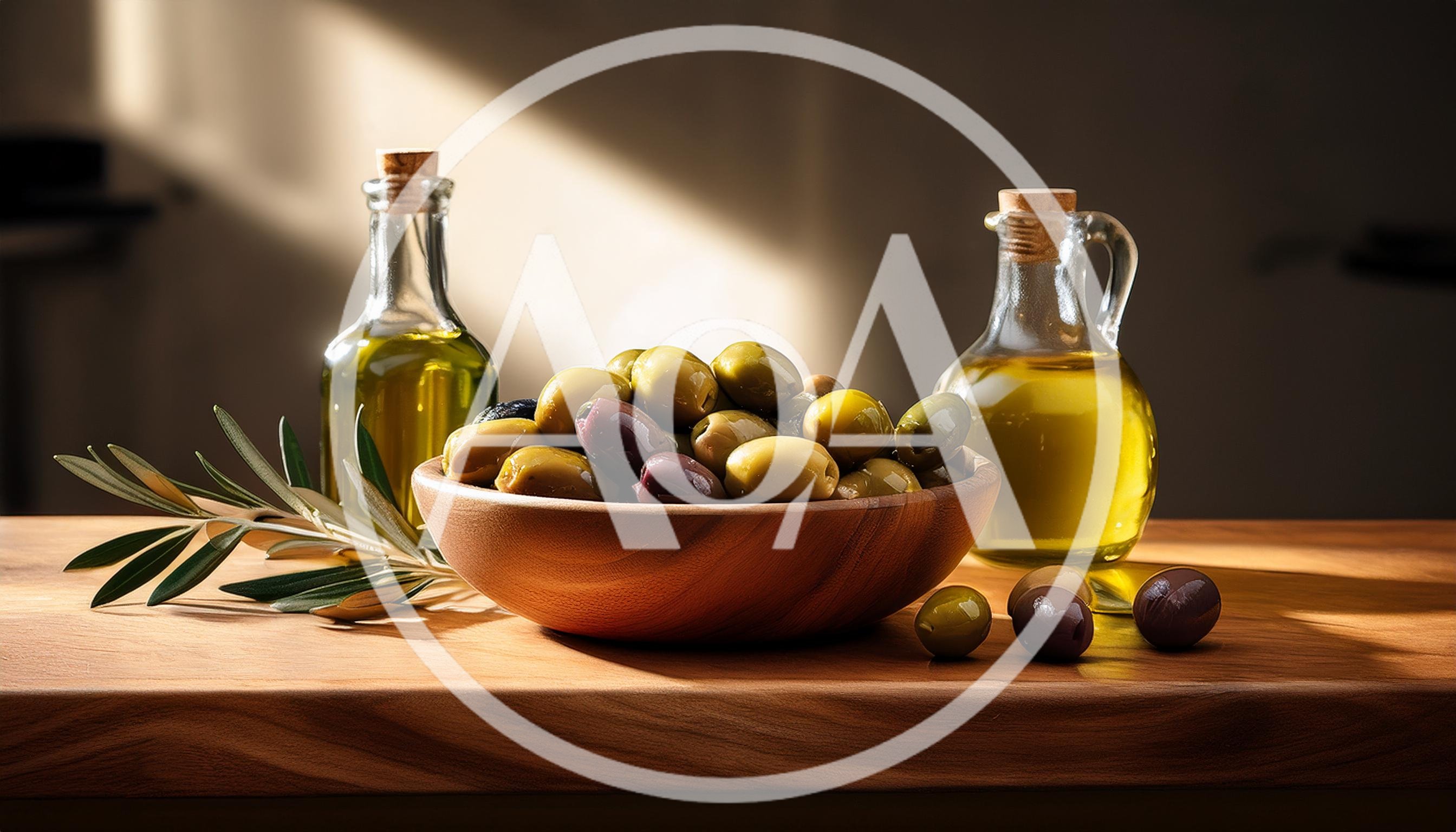Wooden Bowl Of Fresh Olives With Olive Oil Bottles
